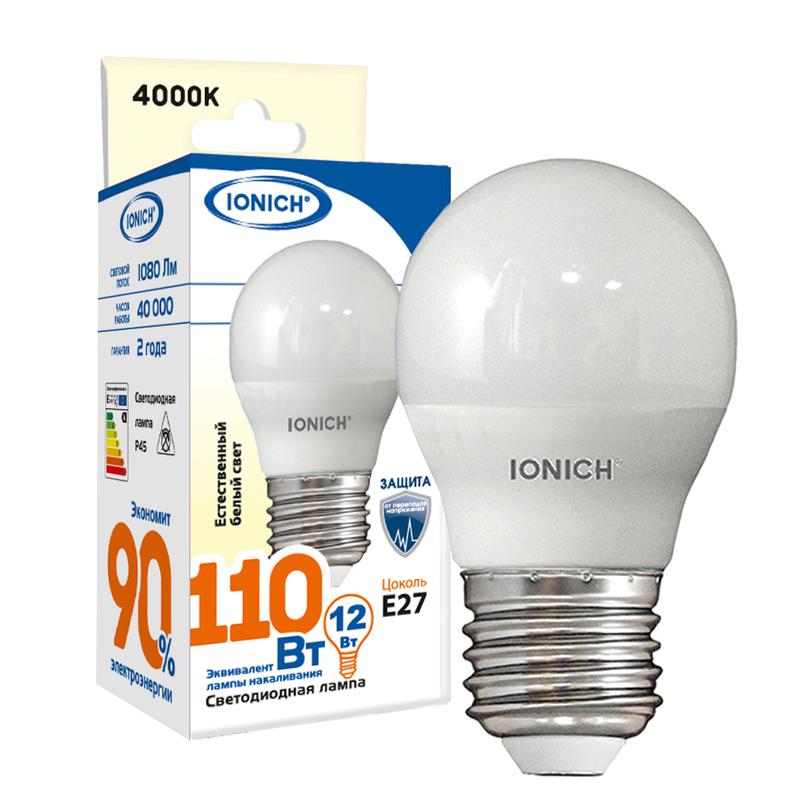 Лампа светодиодная G45 12Вт шар 4000К E27 1080лм 230В IONICH 1814