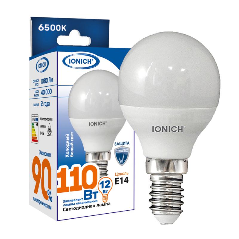 Лампа светодиодная P45 12Вт шар 6500К E14 1080лм 230В IONICH 1812