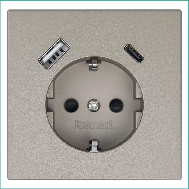 Розетка СП FD Shuko 16А с заземл. защ. шторки с 2-мя заряд. устр. USB тип A+C 25Вт механизм бронза Jasmart FD5501USB-25BR