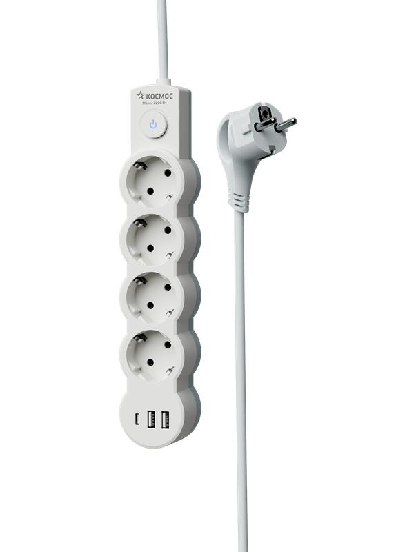 Удлинитель 3х5м с заземл. 10А IP20 USB 2500Вт 220В ПВС 3х1 с выкл. бел. КОСМОС YKsm5m4g-Z-VU10А-W