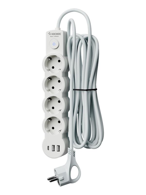 Удлинитель 3х1.5м с заземл. 10А IP20 USB 2500Вт 220В ПВС 3х1 с выкл. бел. КОСМОС YKsm1.5m4g-Z-VU10А-W