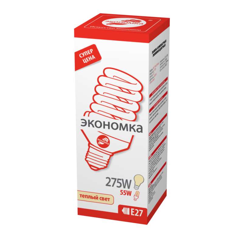 Лампа люминесцентная компакт. SPC 55Вт E27 спиральная 2700К T4 ЭКОНОМКА LKsmT4SPC55wE2727eco