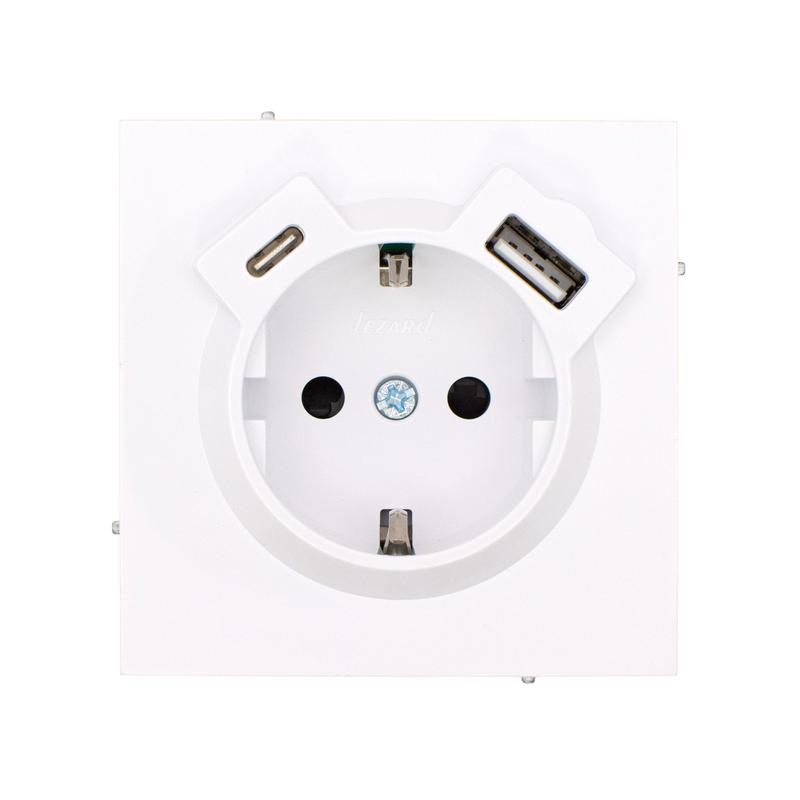 Розетка 1-м СП ESTET 16А IP20 + USB type A + type C с заземл. механизм бел. LEZARD 745-0288-181TC
