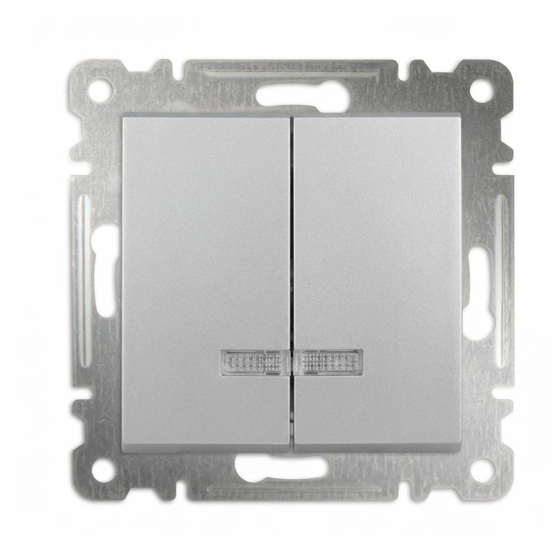 Выключатель 2-кл. СП Karea 10А IP20 с подсветкой механизм серебр. Makel 57065023