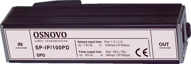 Устройство грозозащиты SP-IP/100PD для локал. вычислит. сети (скорость до 100Мбит/с) с защит. линий PoE OSNOVO 11336