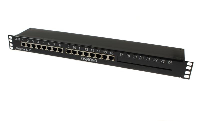 Устройство грозозащиты SP-IP16/1000PR 1U для локал. вычислит. сети на 16 портов (скорость до 1000Мб/с) с защит. линий PoE OSNOVO 14276
