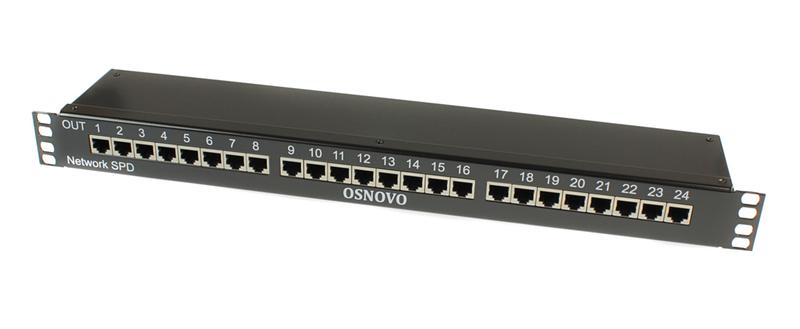 Устройство грозозащиты SP-IP24/1000PR 1U для локал. вычислит. сети на 24 порта (скорость до 1000Мб/с) с защит. линий PoE OSNOVO 14277