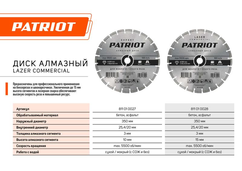 Диск алмазный сегментный по бетону и асфальту EXPERT 350х25.4/20 PATRIOT 811010027