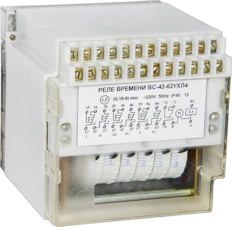 Реле времени ВС-43-6-1 УХЛ4 110В 50Гц 1-60с 6-цепн. с независим. регулировкой выдержки времени для каждой цепи задержка на вкл. ток контактов исполнит. реле 4А 6перекл. с выдержкой времени + 1перекл. мгновенного действия A8011-76914503