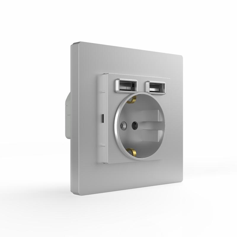 Розетка 1-м СП Pixel с заземл. с 2-мя заряд. устр. USB тип A+A механизм алюм. TOKOV ELECTRIC TKE-PX-