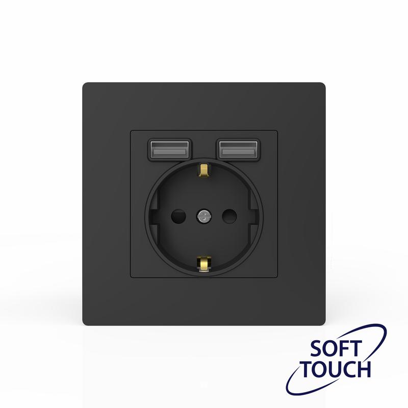 Розетка 1-м СП Pixel с заземл. с 2-мя заряд. устр. USB тип A+A IP20 механизм карбон TOKOV ELECTRIC T