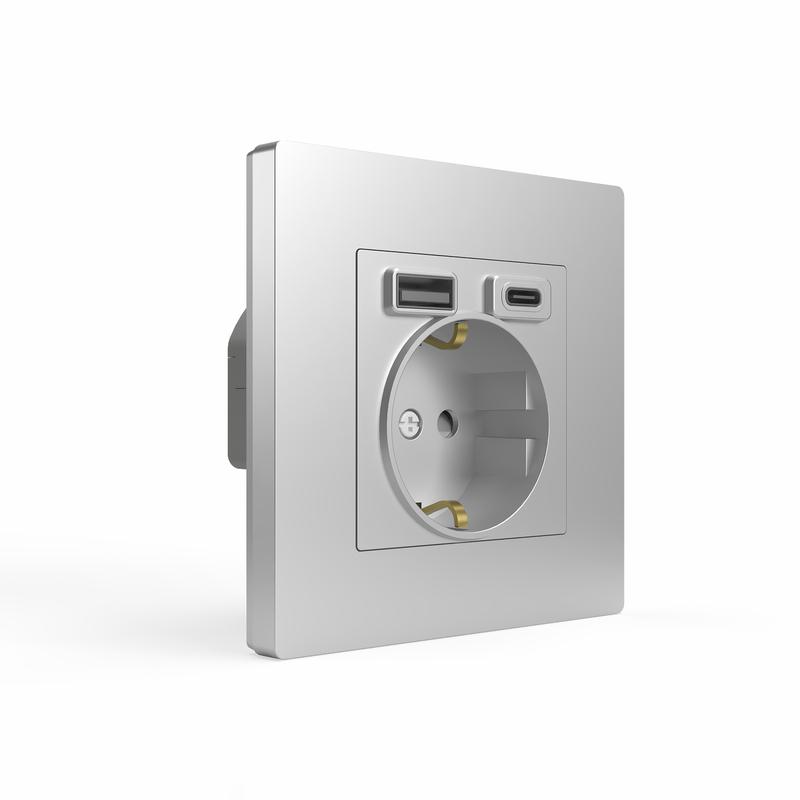 Розетка 1-м СП Pixel с заземл. с 2-мя заряд. устр. USB тип A+C IP20 механизм алюм. TOKOV ELECTRIC TK