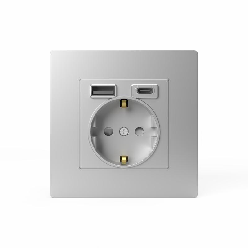 Розетка 1-м СП Pixel с заземл. с 2-мя заряд. устр. USB тип A+C IP20 механизм алюм. TOKOV ELECTRIC TK