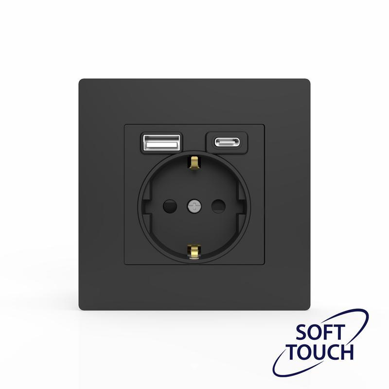 Розетка 1-м СП Pixel с заземл. с 2-мя заряд. устр. USB тип A+C IP20 механизм карбон TOKOV ELECTRIC T