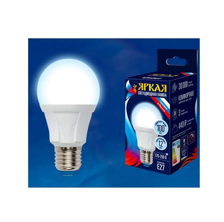 Лампа светодиодная LED-A60 12W/DW/E27/FR PLP01WH Яркая 12Вт грушевидная матовая 6500К холод. бел. E27 (упак. картон) Uniel UL-00002005