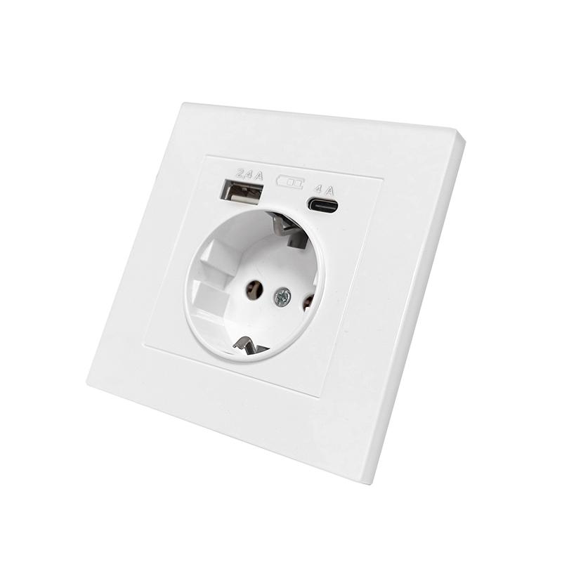 Розетка СП Афина 16А с заземл. с 2-мя заряд. устр. USB 5В тип А(2.4А)+С(4А) в сборе бел. Universal А0056