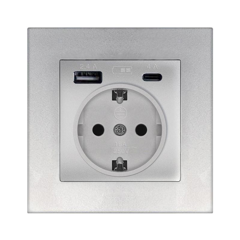 Розетка СП Афина 16А с заземл. с 2-мя заряд. устр. USB 5В тип А(2.4А)+С(4А) в сборе серебр. Universal А0056-S