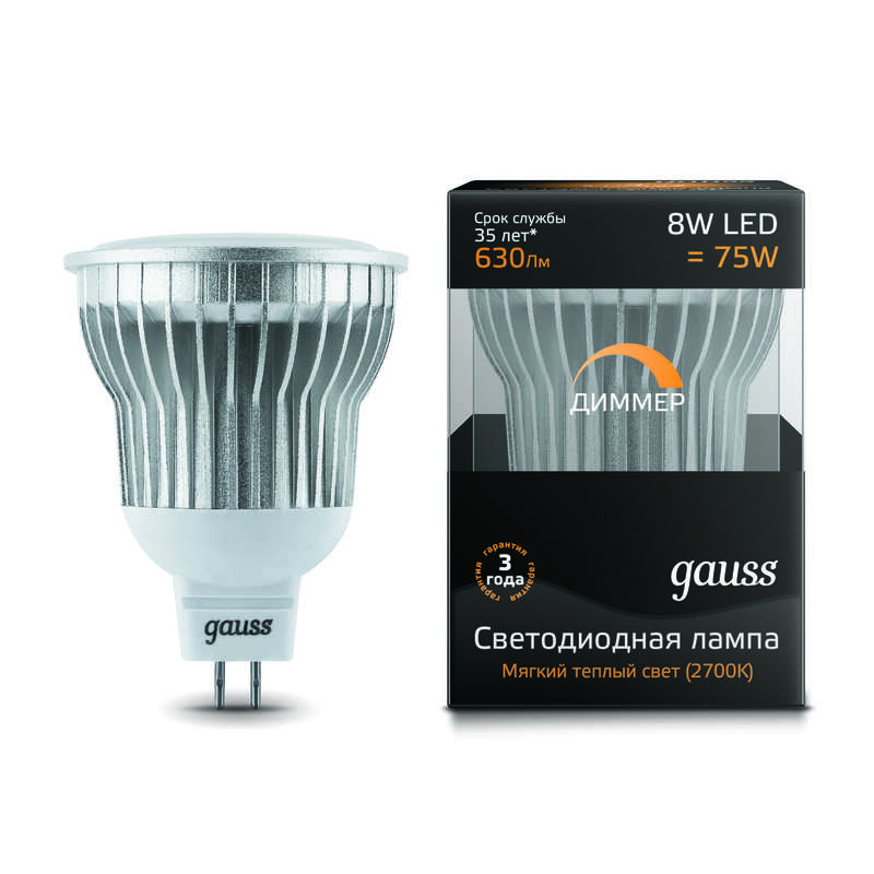 Лампа светодиодная 8Вт MR16 SMD 2700К тепл. бел. GU5.3 диммир. GAUSS EB101105108-D
