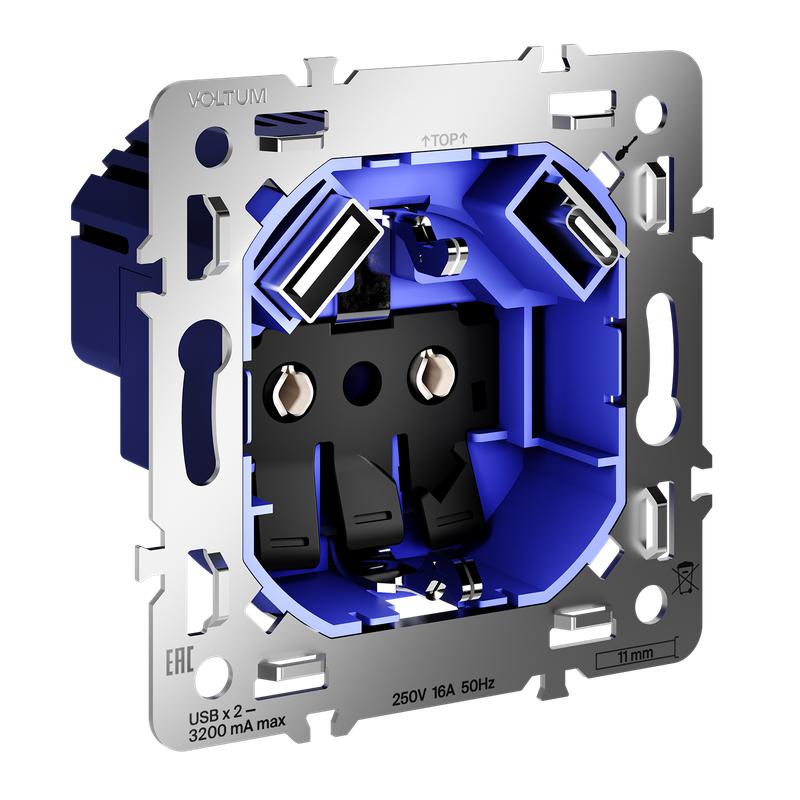 Розетка S70 16А с USB A+C с заземл. и защ. шторками механизм Voltum VLS0405M