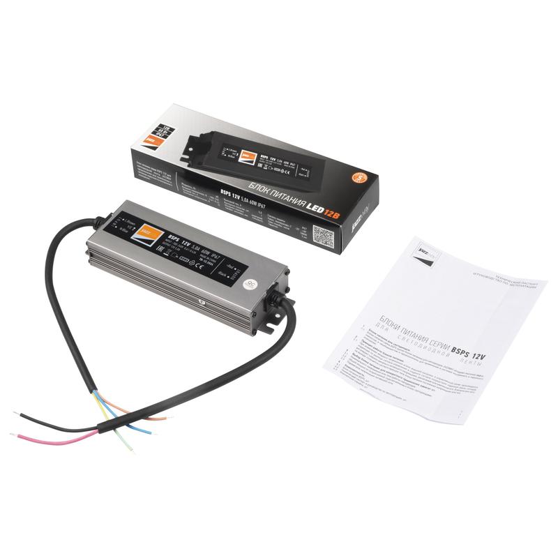 Блок питания для светодиодной ленты 60Вт 5А 12В IP67 BSPS влагозащ. метал. JazzWay 3329273A