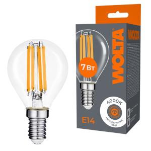 Лампа светодиодная Filament G45 7Вт шар прозрачная 4000К E14 630лм WOLTA WF-G45-7W4KE14