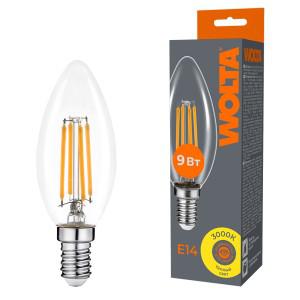 Лампа светодиодная Filament C35 9Вт свеча прозрачная 3000К E14 810лм WOLTA WF-C35-9W3KE14