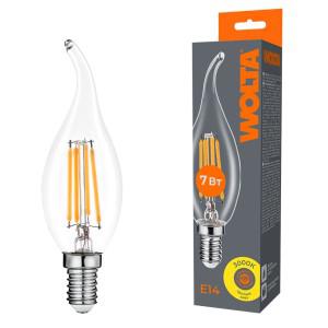 Лампа светодиодная Filament CT35 7Вт свеча на ветру прозрачная 3000К E14 630лм WOLTA WF-CT35-7W3KE14